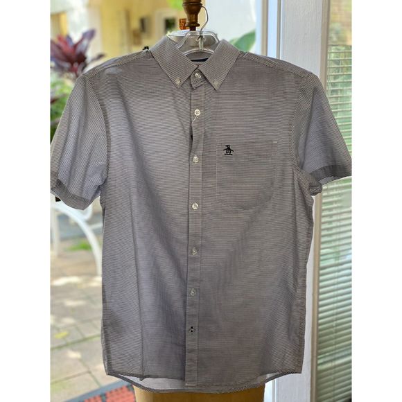 NWT Penguin Dark Sapphire & White Striped Cotton SS Button Down Shirt Size S - Picture 1 of 7